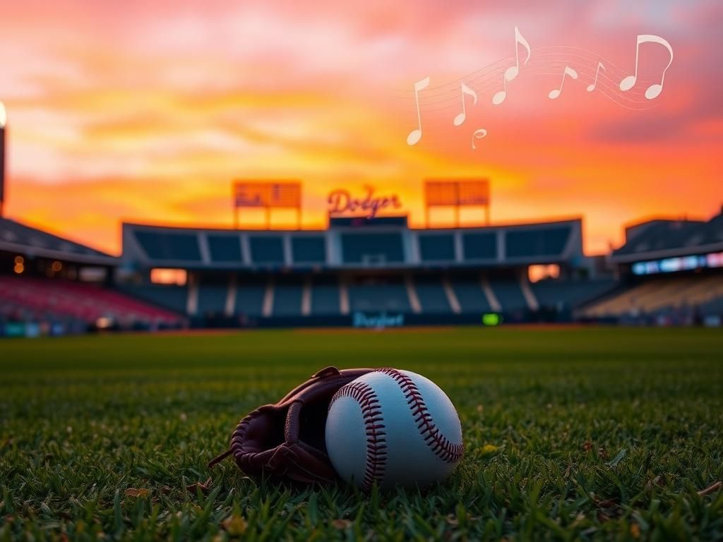 Flick International A serene landscape of Dodger Stadium at twilight with vibrant sunset hues and empty bleachers