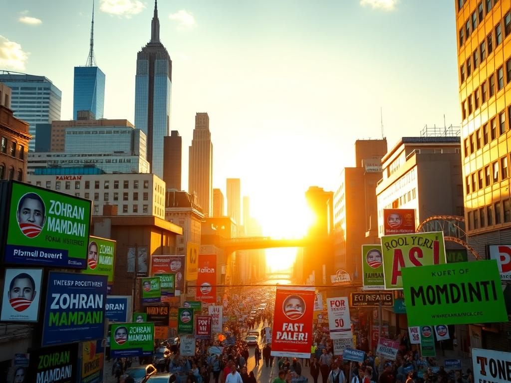 Flick International Vibrant New York City skyline with campaign signs for Zohran Mamdani