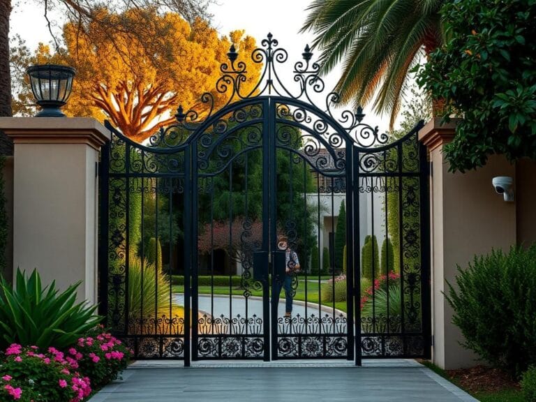 Flick International Wrought-iron gate of a luxurious Los Angeles estate with greenery