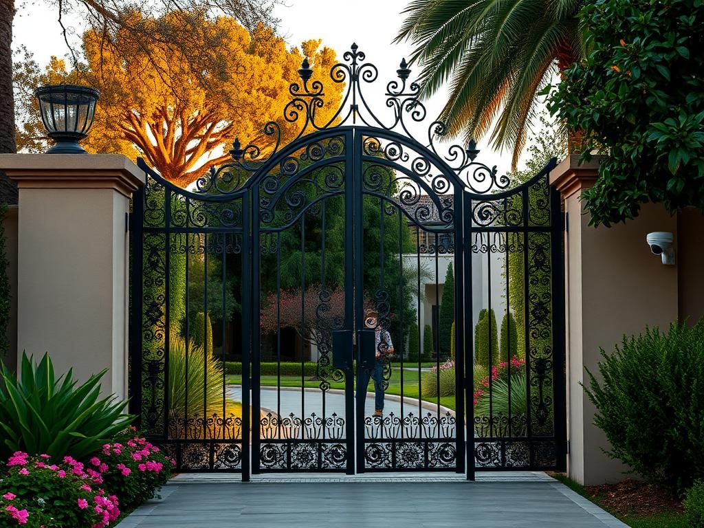 Flick International Wrought-iron gate of a luxurious Los Angeles estate with greenery