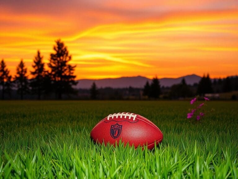 Flick International A serene football field at sunset with a dewy football symbolizing aspirations