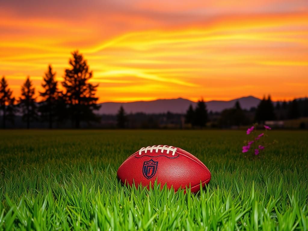 Flick International A serene football field at sunset with a dewy football symbolizing aspirations