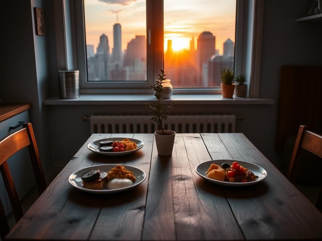 Flick International cozy kitchen setting with rustic wooden table adorned with home-cooked meals and a city skyline view