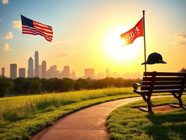 Flick International Serene Texas landscape with Houston skyline and American flag symbolizing hope and resilience