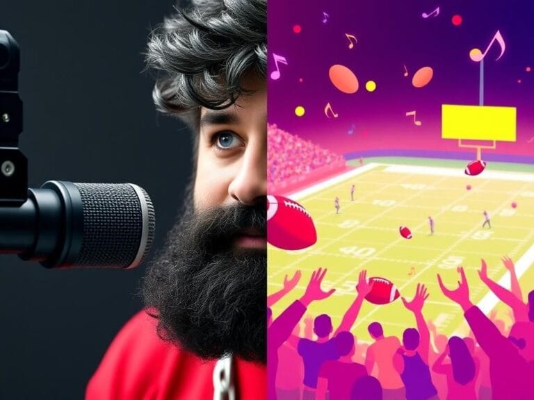 Flick International Close-up of Jason Kelce's new look with black-dyed facial hair and vibrant football elements