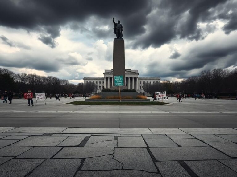 Flick International A dramatic public square with an overgrown statue pedestal and protest signs reflecting historical debate