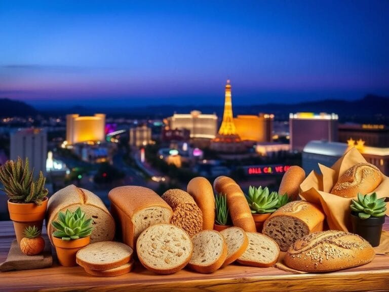 Flick International A vibrant desert landscape of Las Vegas at dusk with the Las Vegas Strip and a display of high-fiber breads on a wooden table