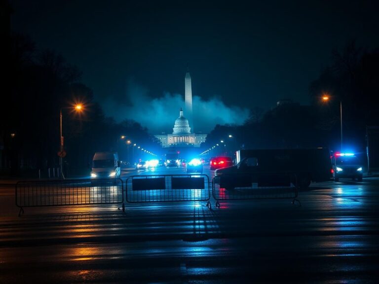 Flick International Nighttime police checkpoint in Washington D.C. with National Guard trucks
