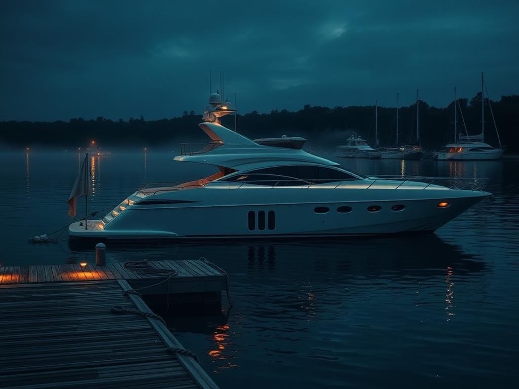 Flick International Luxurious 54-foot yacht anchored at twilight marina scene with polished surface and serene atmosphere