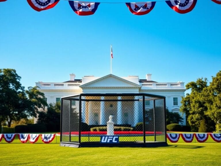 Flick International A vibrant MMA cage set up on the White House South Lawn for a UFC fight