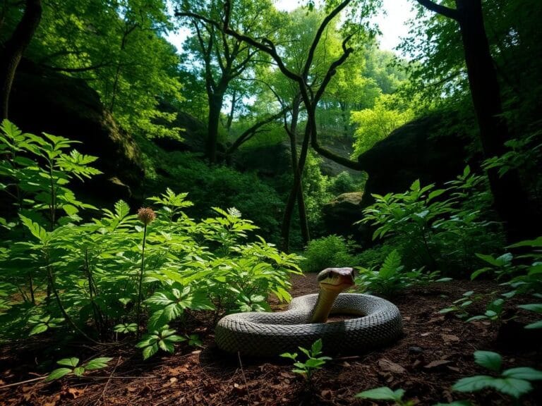 Flick International Timber rattlesnake resting on the forest floor in Savage Gulf State Park