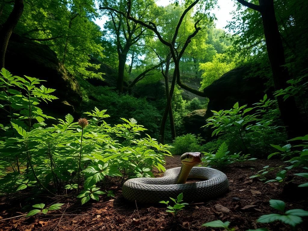 Flick International Timber rattlesnake resting on the forest floor in Savage Gulf State Park