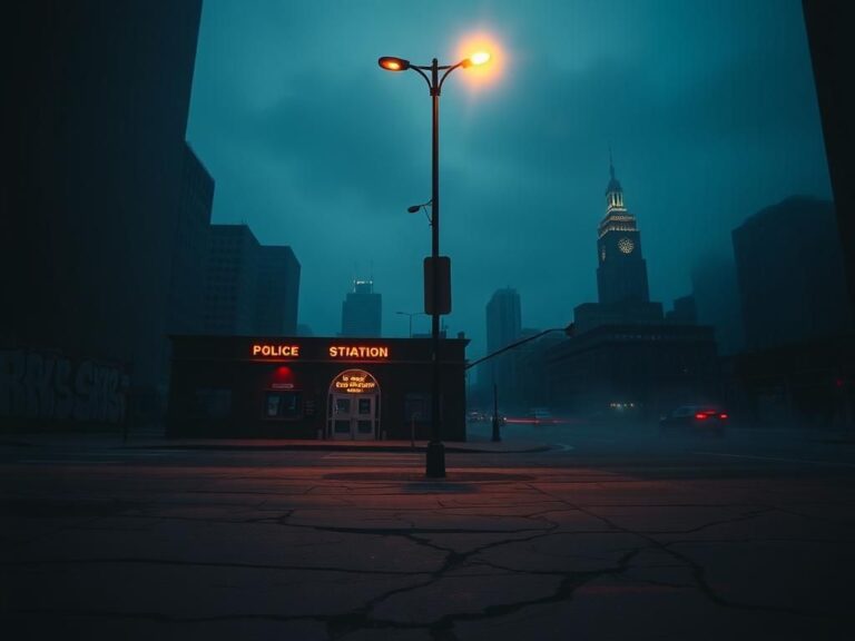 Flick International Dusk in Chicago with a police station and broken streetlight