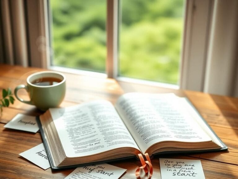 Flick International Open Bible on a wooden table with handwritten notes and a cup of herbal tea