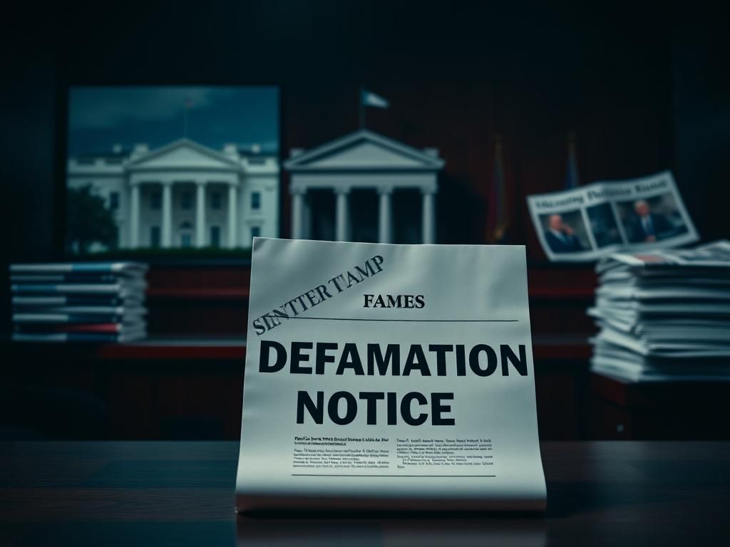 Flick International Dramatic courtroom scene with a defamation notice and blurred White House background