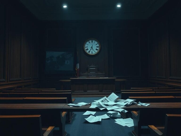 Flick International A dimly lit courtroom scene with empty benches and a large judge's bench