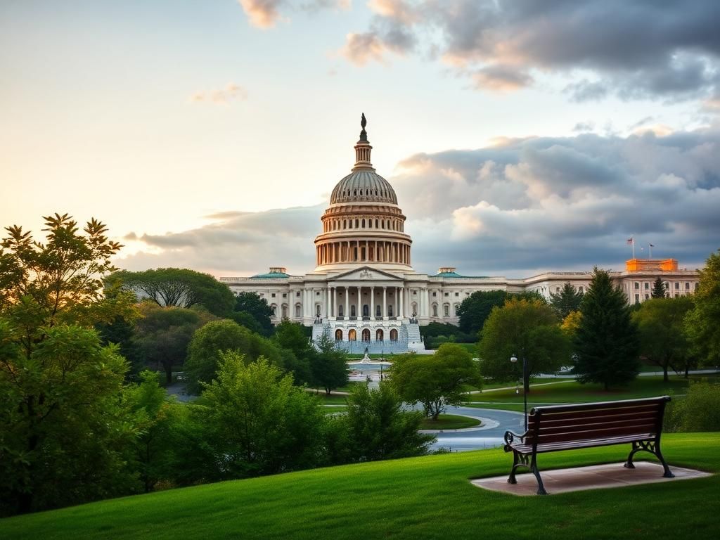 Flick International Panoramic view of the U.S. Capitol building surrounded by lush greenery and a solitary empty park bench