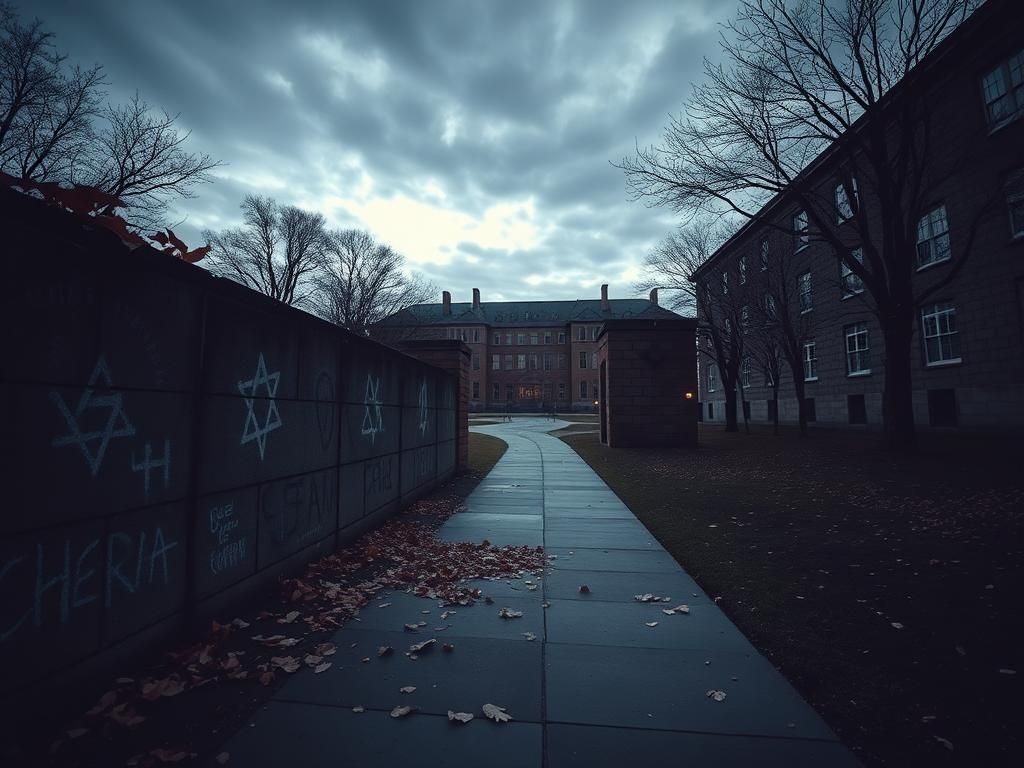 Flick International A somber university campus scene capturing antisemitism symbols