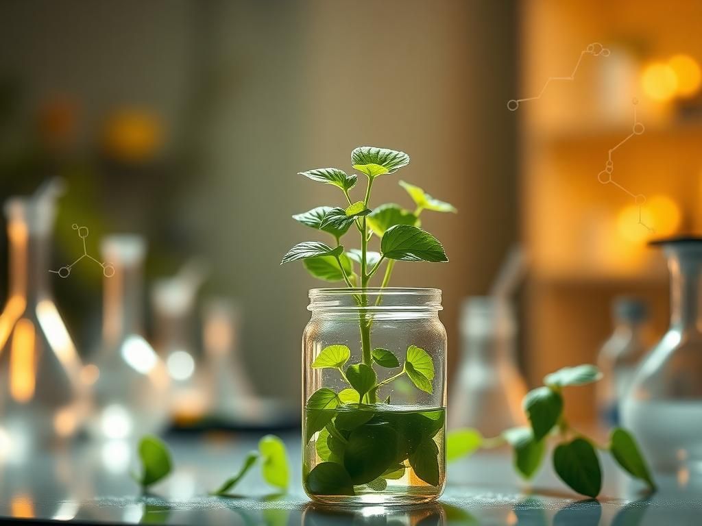 Flick International A vibrant green stevia plant in a glass beaker surrounded by scientific diagrams