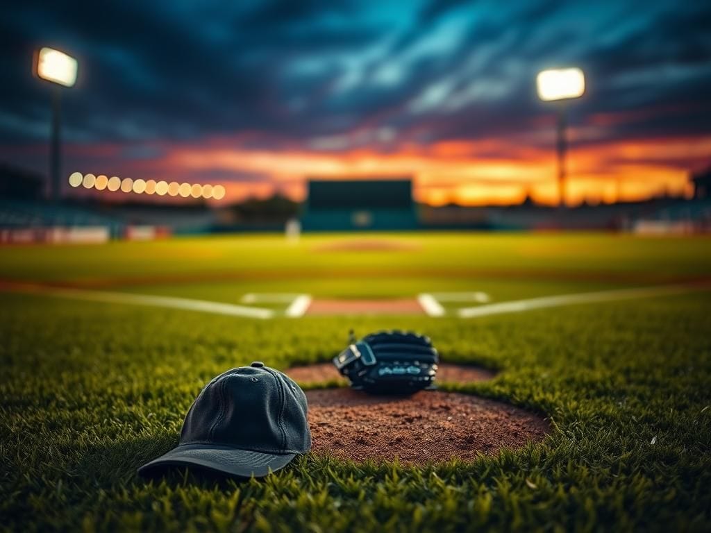 Flick International Close-up view of a baseball field at twilight with a pitcher's mound and home plate.