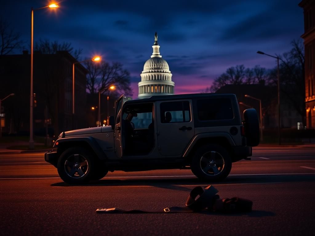 Flick International A deserted road in Washington D.C. with a Jeep and broken seat belt, illustrating urban crime concerns.