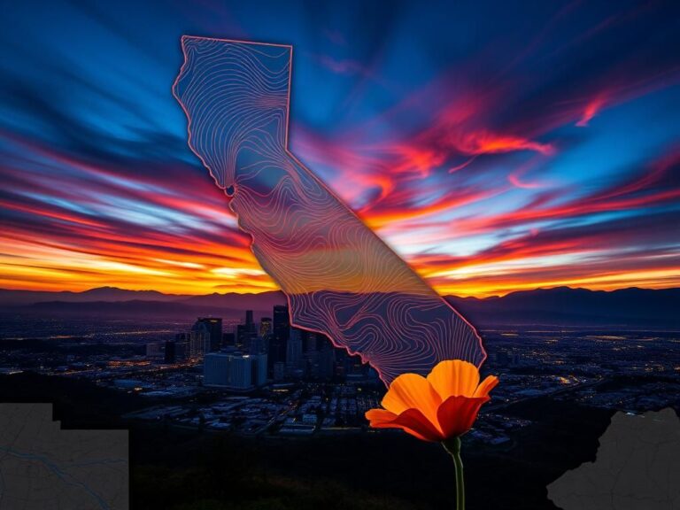 Flick International Aerial view of California with vibrant map illustrating proposed congressional districts against Los Angeles skyline