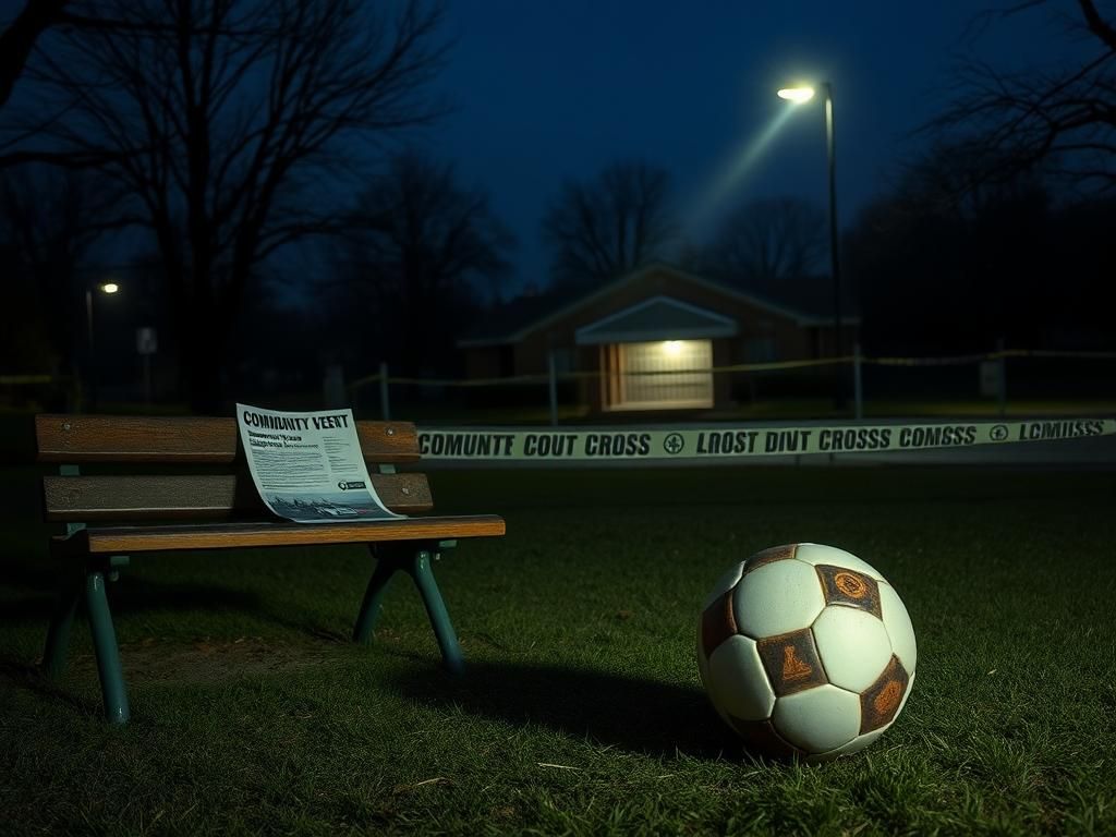 Flick International Dimly lit urban park scene at dusk with empty swings and a neglected soccer ball