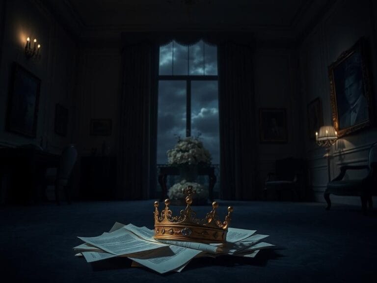 Flick International A dimly-lit room in Graceland featuring a tarnished crown and torn legal documents symbolizing conflict over Elvis' legacy.