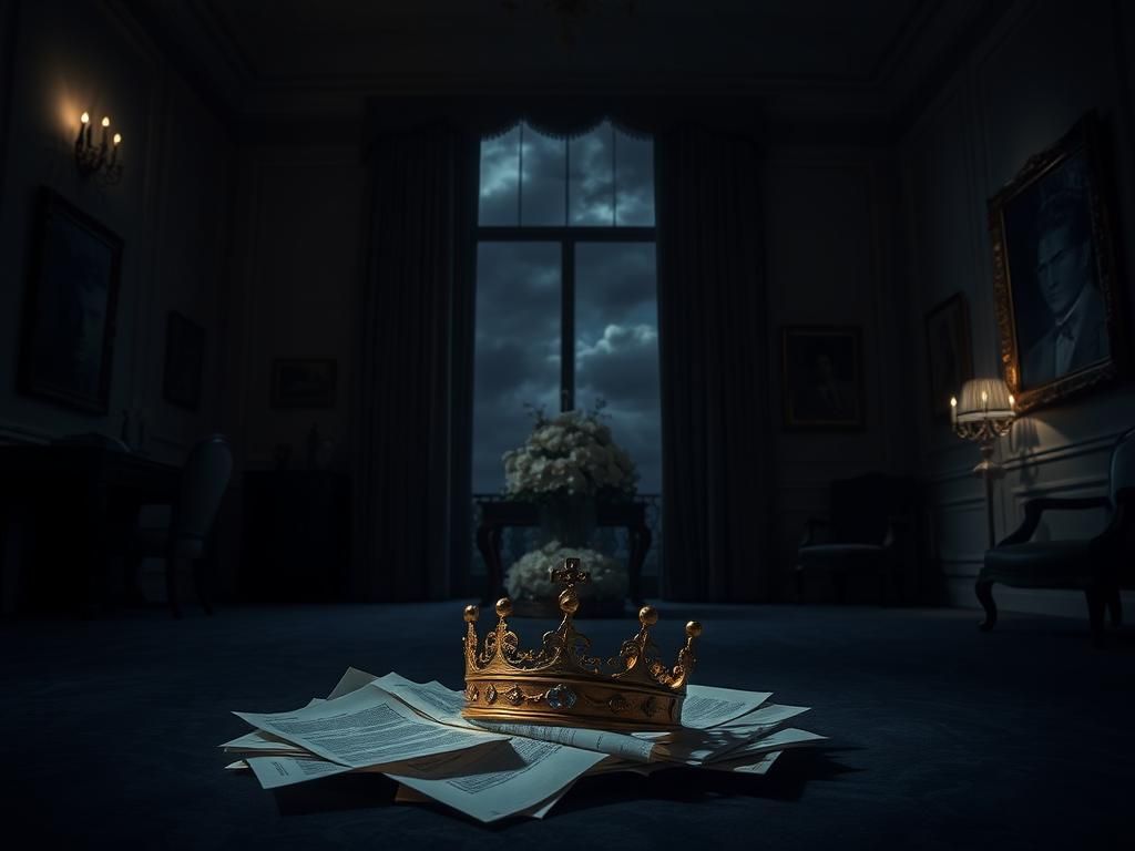 Flick International A dimly-lit room in Graceland featuring a tarnished crown and torn legal documents symbolizing conflict over Elvis' legacy.