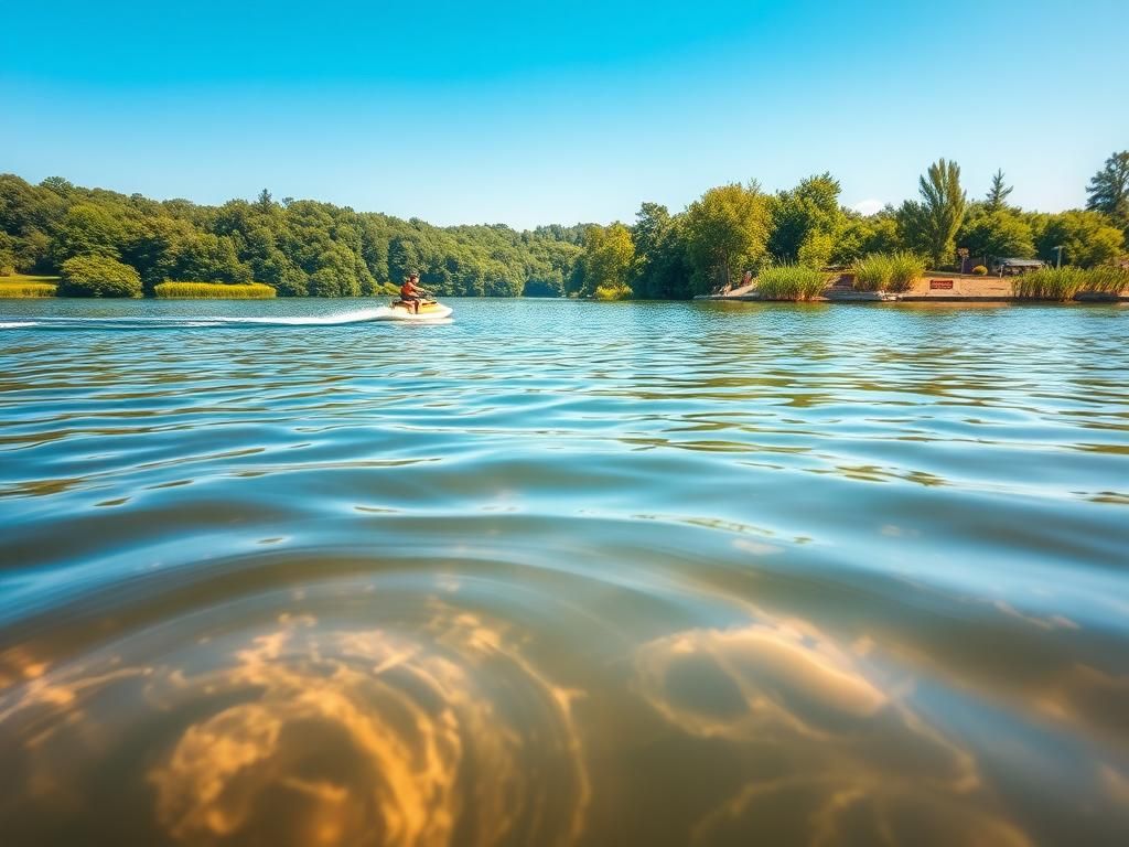 Flick International Serene lake scene with water skier and safety warning signs