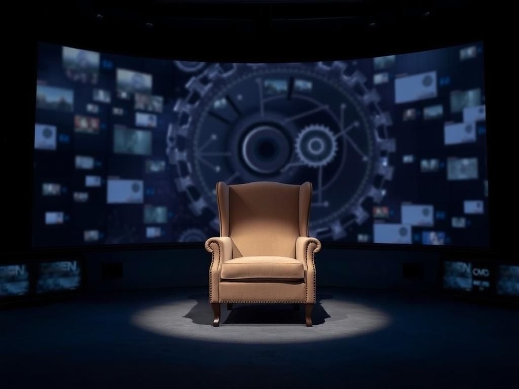 Flick International Dimly lit television studio with an empty chair symbolizing an anticipated yet unfulfilled interview