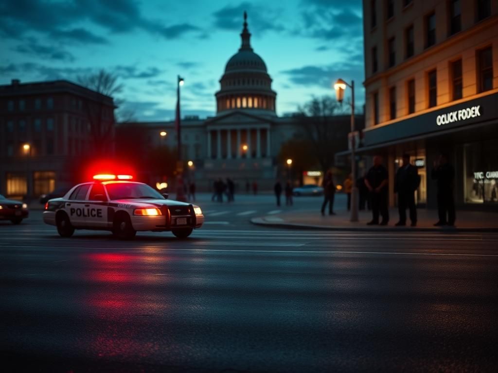 Flick International Police car in Washington D.C. showcasing authority amidst a somber urban landscape