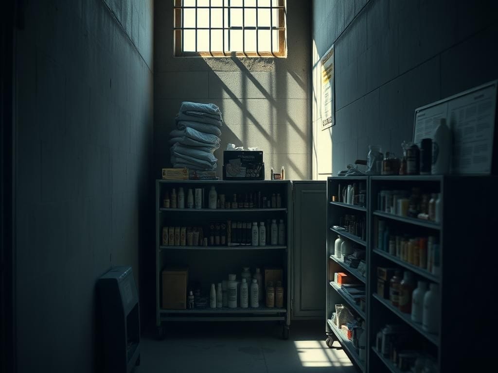 Flick International Somber prison commissary environment with cosmetics and toiletries