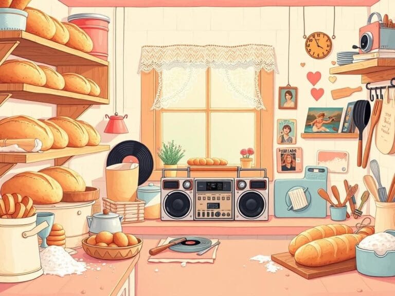 Flick International Cozy kitchen filled with baked goods and music elements symbolizing Taylor Swift and Travis Kelce's relationship