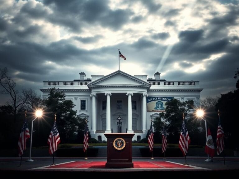 Flick International Dramatic scene of the White House with a celebration banner for the 90th anniversary of the Social Security Act