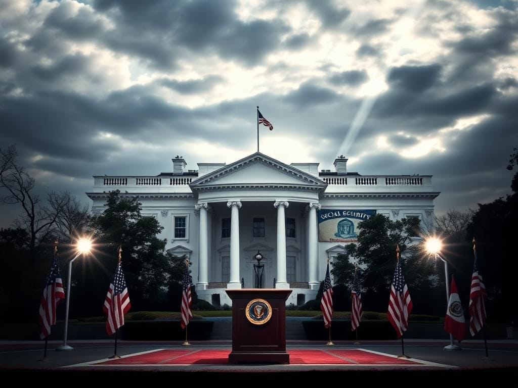 Flick International Dramatic scene of the White House with a celebration banner for the 90th anniversary of the Social Security Act