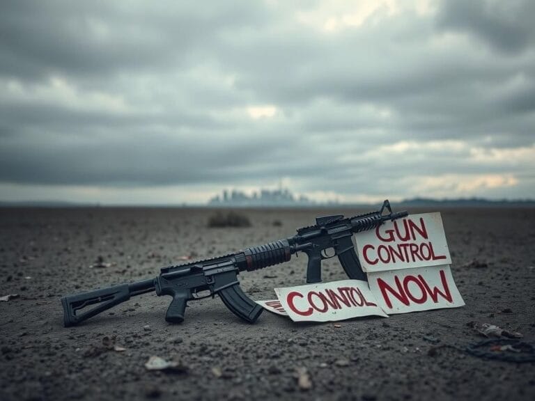 Flick International A weathered AK-47 and AR-15 lying on the ground in a desolate landscape with protest signs.