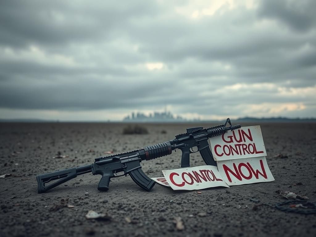 Flick International A weathered AK-47 and AR-15 lying on the ground in a desolate landscape with protest signs.