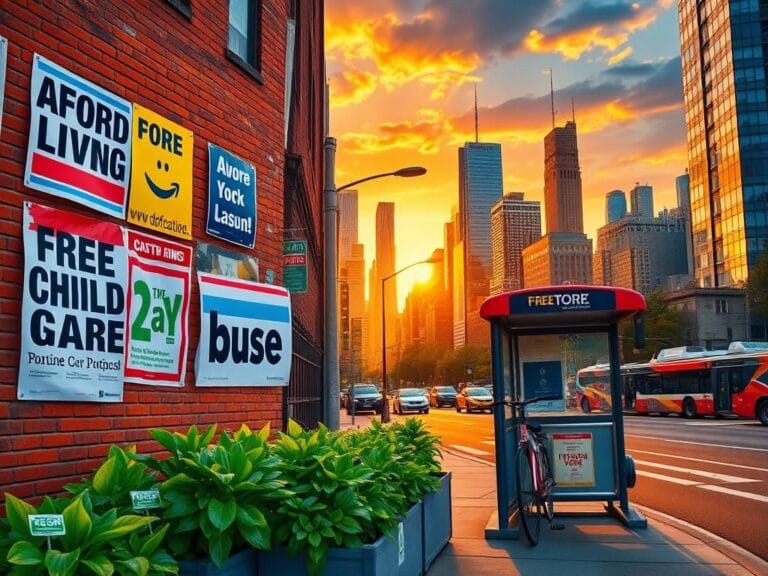 Flick International Vibrant urban scene in New York City capturing campaign posters and a bus stop amidst the skyline
