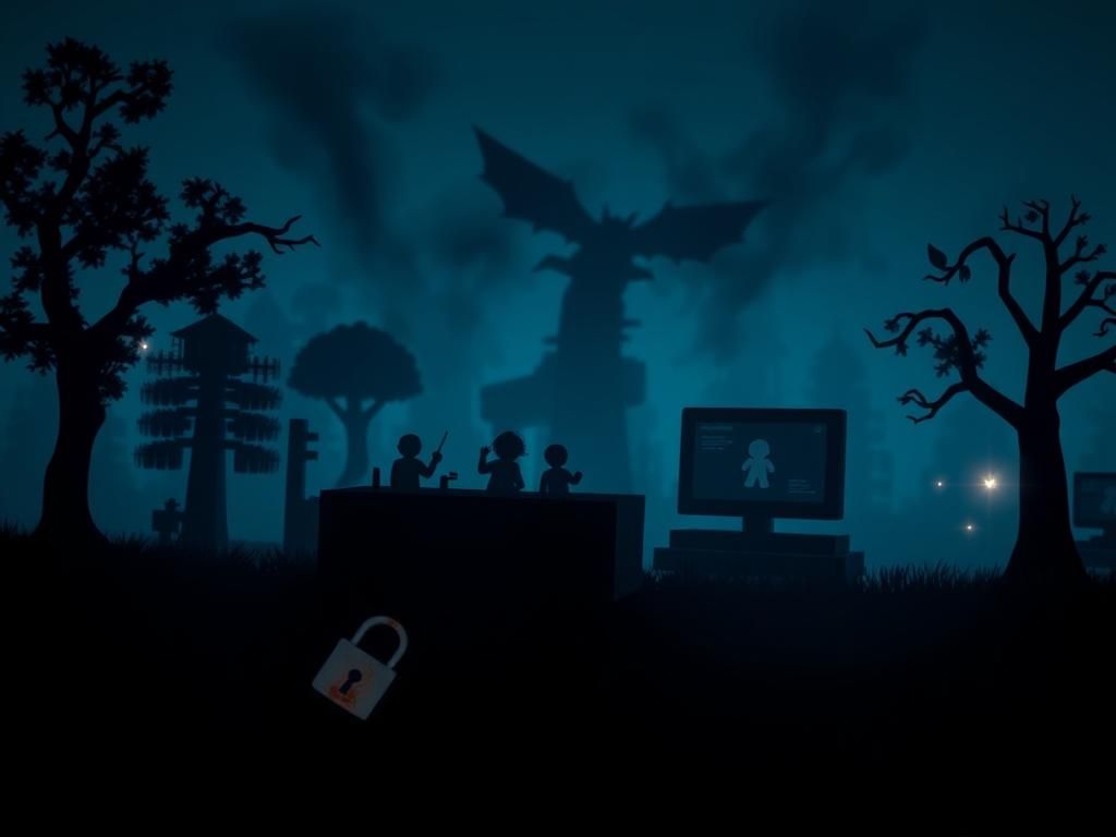 Flick International A dark, ominous digital landscape depicting online gaming dangers, with shadowy silhouettes and ghostly childlike icons.