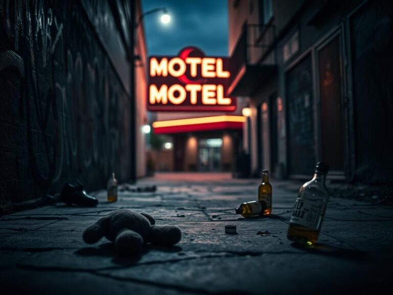 Flick International A dark urban alley in downtown Los Angeles symbolizing the harsh reality of sex trafficking with discarded items and graffiti.