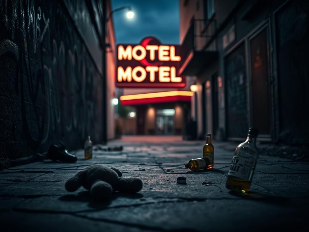 Flick International A dark urban alley in downtown Los Angeles symbolizing the harsh reality of sex trafficking with discarded items and graffiti.