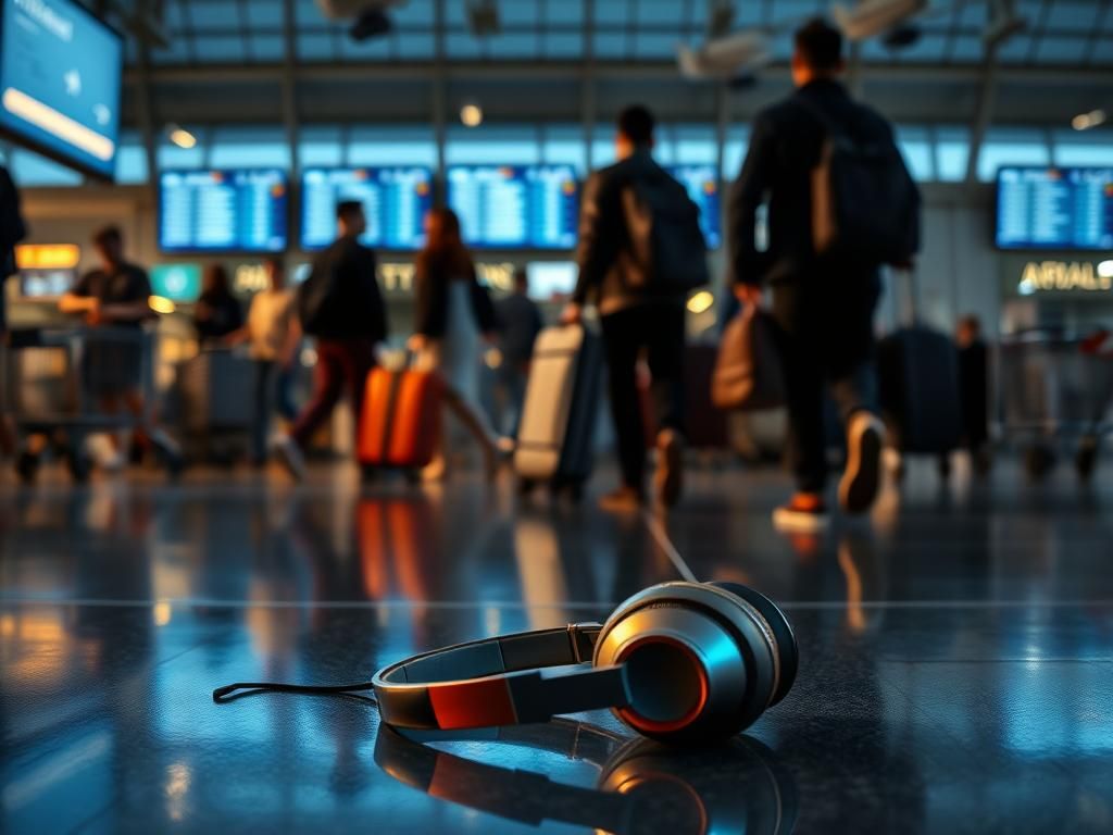 Flick International A colorful pair of headphones discarded on the polished airport floor, symbolizing a recent altercation.