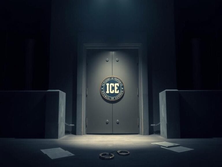 Flick International Closed heavy metal door marked with an official ICE seal at a federal building entrance, symbolizing enforcement and vigilance against child crime.
