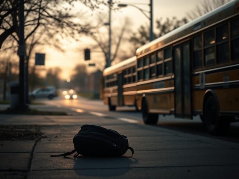 Flick International Empty school bus at a bus stop in Louisville, Kentucky, symbolizing the aftermath of a tragic shooting incident
