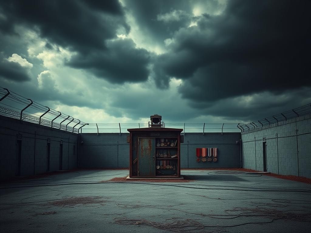 Flick International A stark prison yard featuring a rusted execution chamber surrounded by razor wire