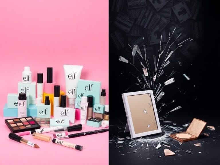 Flick International A split image showcasing colorful e.l.f. cosmetics alongside a dark-themed backdrop symbolizing controversy and backlash.