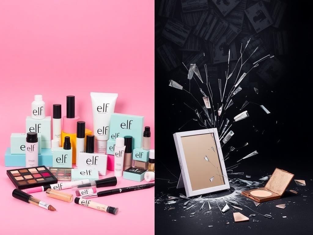 Flick International A split image showcasing colorful e.l.f. cosmetics alongside a dark-themed backdrop symbolizing controversy and backlash.