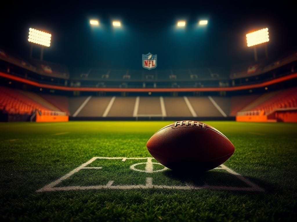 Flick International Dimly lit football stadium with empty bleachers and a football on green grass
