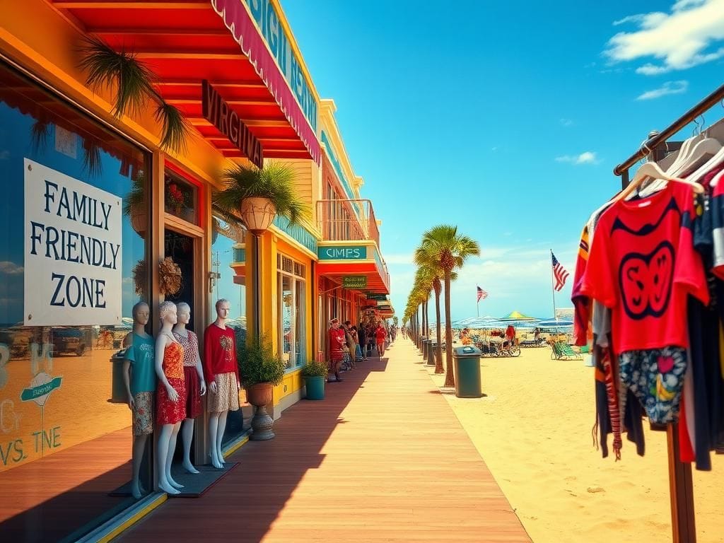 Flick International Vibrant beach boardwalk scene at Virginia Beach showcasing family-friendly storefronts and controversial merchandise